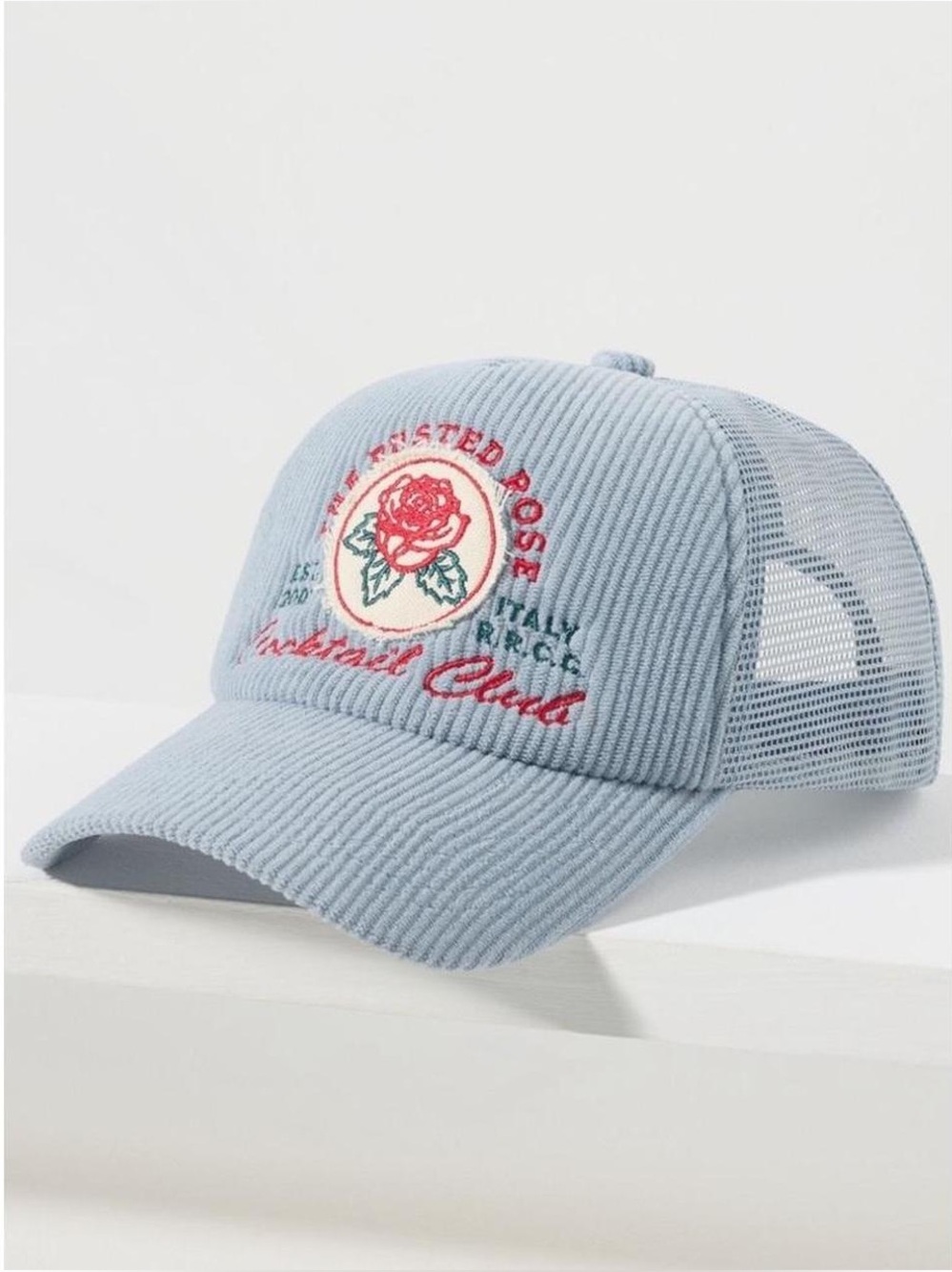 NWT Anthropologie Worn/West Rusted Rose Cocktail Trucker’s Hat, Blue Corduroy